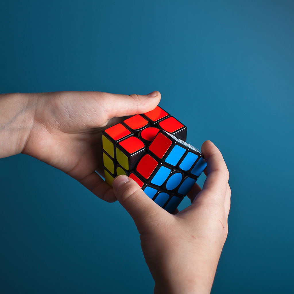 A person holding a rubiks cube in their hands.